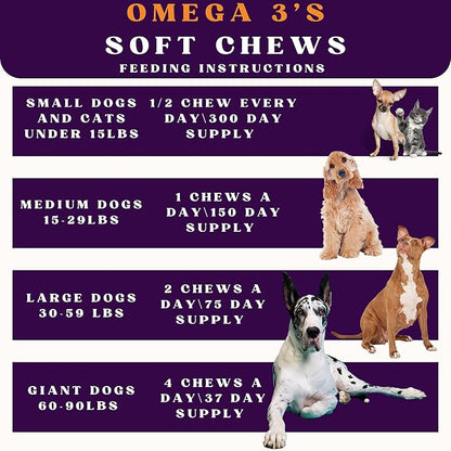 Skin & Coat Omega 3 Soft Chews for Small Dogs & Cats – Supports Healthy Skin, Shiny Coat, Joint Health & Immune Function – 150 Count