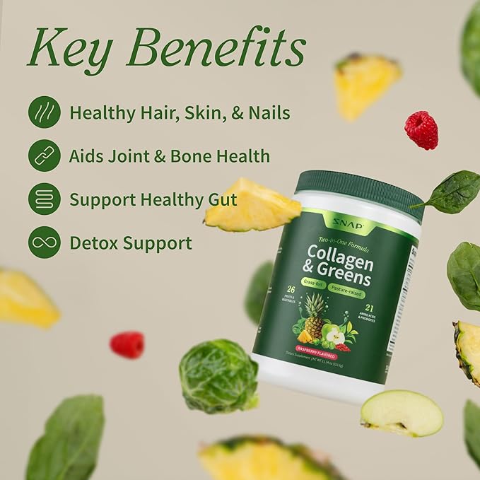 Snap Supplements Super Greens Powder with Collagen Peptides, 26 Fruits and Vegetables, Grass Fed, Non-GMO Daily Greens Superfood for Hair, Skin, Nails & Joint Support, 30 Servings