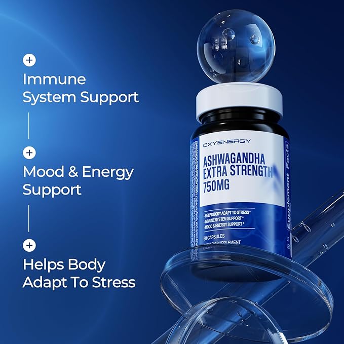 OxyEnergy Ashwagandha Extra Strength-750mg-Stress Relief- Immune & Energy Support - Gluten, Dairy & Soy Free - 60 Capsules