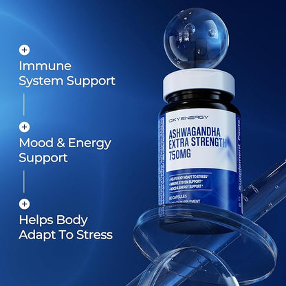 OxyEnergy Ashwagandha Extra Strength-750mg-Stress Relief- Immune & Energy Support - Gluten, Dairy & Soy Free - 60 Capsules
