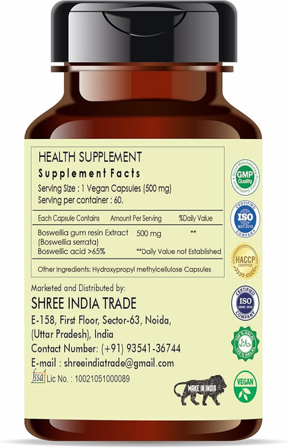Boswellia Serrata Extract 500mg - 60 Vegetarian Capsules|Indian Frankincense | All Natural | 100% Vegan | Gluten-Free | GMP Certified