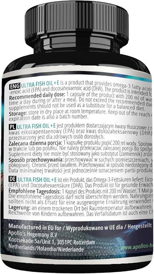 APOLLO'S HEGEMONY Ultra Fish Oil 1000mg with Vitamin E, 100 Softgel Capsules, High Strength Omega 3 with 500mg EPA and 250mg DHA, 3 Months Supply, Fatty Acids (EFAs)