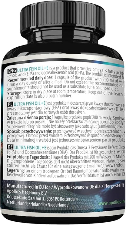 APOLLO'S HEGEMONY Ultra Fish Oil 1000mg with Vitamin E, 100 Softgel Capsules, High Strength Omega 3 with 500mg EPA and 250mg DHA, 3 Months Supply, Fatty Acids (EFAs)