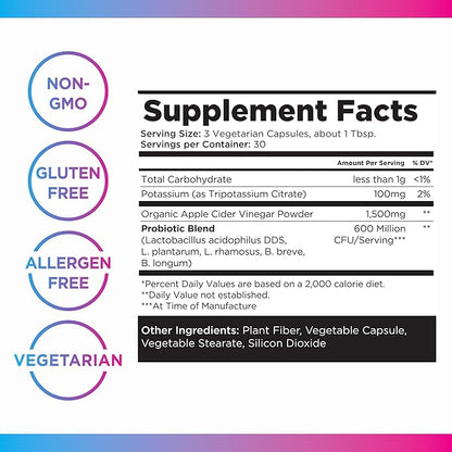 Livingood Daily Apple Cider Vinegar Capsules with The Mother (1500mg) - ACV Pills with Probiotics & Potassium for Women & Men - Supports Gut Health, Digestion, Appetite & Weight - Vegan, 90 Capsules