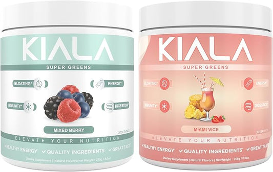 Kiala Nutrition Super Greens, Organic Greens Powder with Spirulina & Chlorella for Digestion, Gut Health, Immunity & Energy, Gluten Free, Vegan, Mixed Berry + Miami Vice, 30 Servings