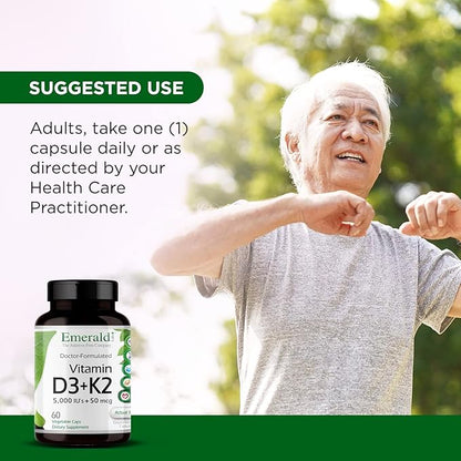 EMERALD LABS Vitamin D3+K2 - Vitamin D & VitalDelta MK-7 for Bone Health & Heart Support* - Vegetarian, Gluten-Free, Clinical Potency - 60 Vegetable Capsules