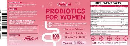 Probiotics for Women 100 Billion CFUs Probiotic and Prebiotics with Digestive Enzymes for Gut Health, Vaginal Probiotics with Cranberry and D-Mannose for Urinary Tract Health, pH Balance, 90 Capsules