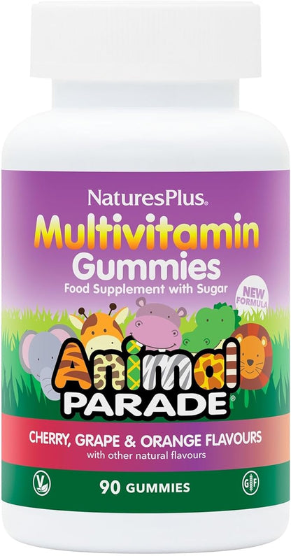 Natures Plus Animal Parade Multivitamin Children's Gummies - 90 Count - Assorted Cherry, Grape & Orange Flavors - Supports Immune System - Vegetarian, Gluten Free - 30 Servings
