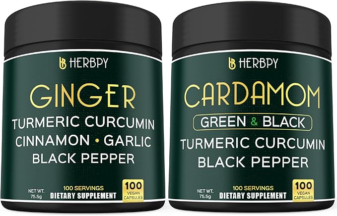 Bundle 5in1 Ginger Supplement 100 Count & 4in1 Cardamom Supplement 100 Count - Support Digestion, Heart Health and Natural Wellness