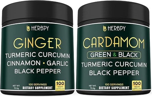 Bundle 5in1 Ginger Supplement 100 Count & 4in1 Cardamom Supplement 100 Count - Support Digestion, Heart Health and Natural Wellness