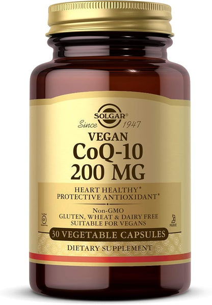 Solgar Vegetarian CoQ-10 200 mg, 30 Vegetable Capsules - Heart Healthy, Protective Antioxidant - Coenzyme Q10 (CoQ-10) Supplement - Vegan, Gluten Free, Dairy Free, Kosher - 30 Servings