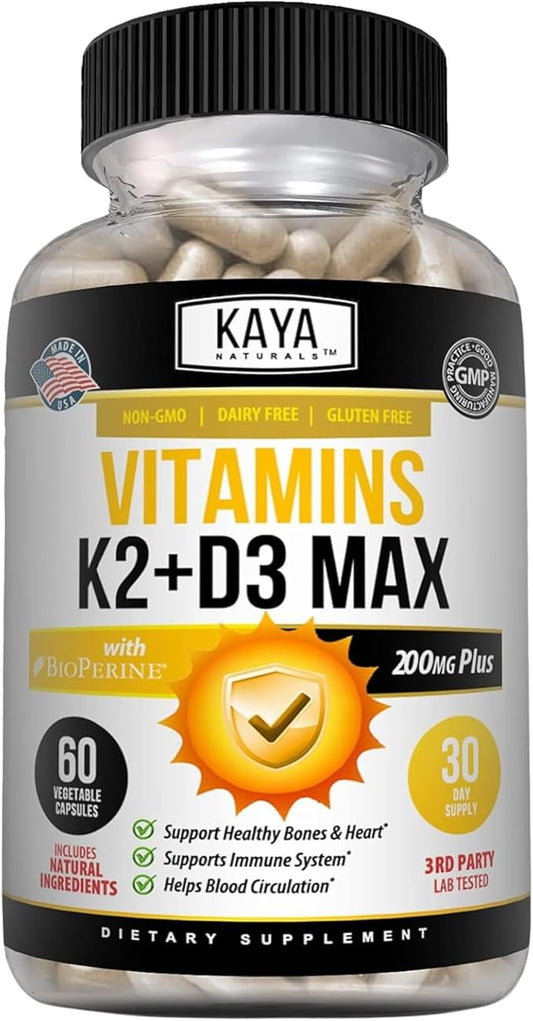 Kaya Naturals Vitamins K2 with D3 5000IU Supplement for Men and Women - Easy to Swallow - Bioperine Capsules (60 Count (Pack of 1))