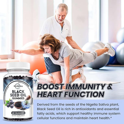 Black Seed Oil Gummies-Organic Cold Pressed Nigella Sativa Black Seed Oil with Honey, Vitamin B6, C, D3, Turmeric, Pomegranate, Support Immunity, Digestion, Brain Function, Hair & Skin-60 Gummies