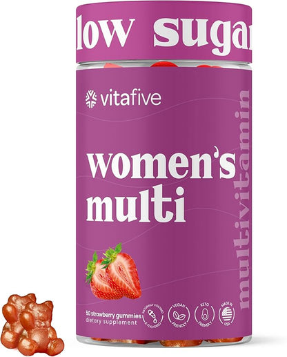 vitafive Women's Multivitamin Gummies, Best Multivitamin for Women with Biotin, D3, B12, Zinc, Low Sugar, Gluten Free (50 Ct)