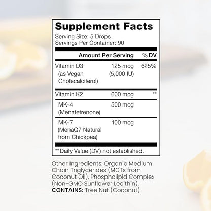 Pure TheraPro Rx Vegan D3 + K2 Organic 100% Liposomal 10ml Made in USA | 3 Month Supply | Maximum Absorption Vitamin D3 and Vitamin K2 Supplements for Men and Women, D3 Vitamin 5000 IU