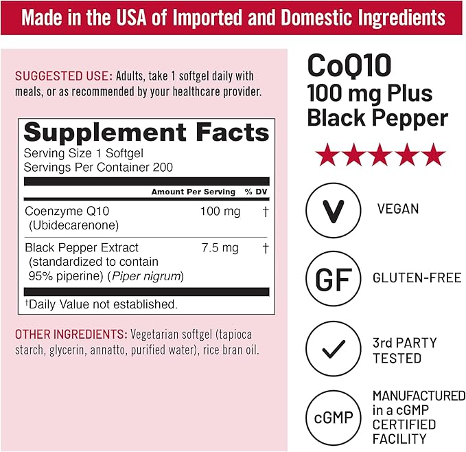 NatureWise CoQ10 100mg Softgels, High Absorption Coenzyme Q10 with BioPerine Black Pepper - Antioxidant for Heart Health + Cellular Energy - Vegan, Non-GMO, Gluten-Free - 200 Count[200-Day Supply]