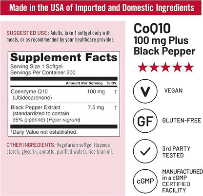 NatureWise CoQ10 100mg Softgels, High Absorption Coenzyme Q10 with BioPerine Black Pepper - Antioxidant for Heart Health + Cellular Energy - Vegan, Non-GMO, Gluten-Free - 200 Count[200-Day Supply]