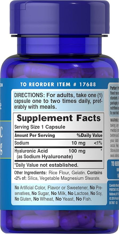 Puritans Pride Hyaluronic Acid 100mg, Dietary Supplement for Skin Hydration, 60 Rapid Release Capsules