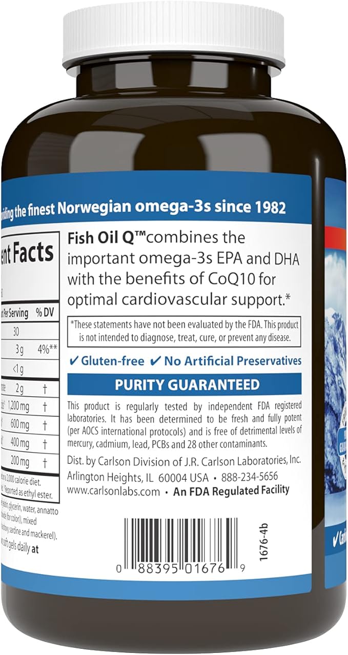Carlson - Fish Oil Q, 1200 mg Omega-3s 200 mg CoQ10, Function, Energy Production & Circulatory Support, 120 Softgels