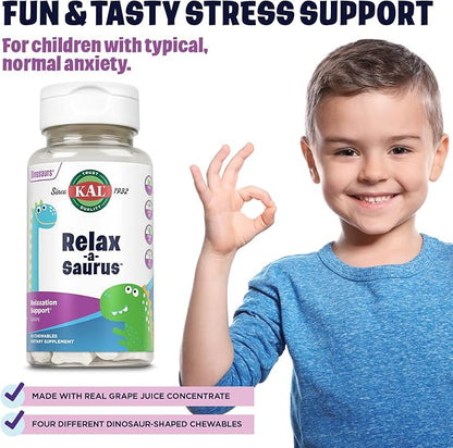 KAL Relax-a-Saurus, Stress Support Supplement for Kids, L-Theanine for Children with Herbal Stress Relief & Relaxation & Blend, Delicious Natural Grape Flavor, 60-Day Guarantee, 30 Chewables