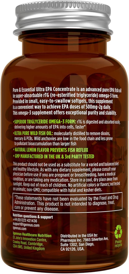 Igennus Ultra Pure Omega-3 EPA 500mg, Highly Concentrated IFOS Certified Wild Fish Oil, Advanced rTG Triglyceride Form, Non-GMO, 180 Small Softgels