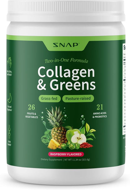 Snap Supplements Super Greens Powder with Collagen Peptides, 26 Fruits and Vegetables, Grass Fed, Non-GMO Daily Greens Superfood for Hair, Skin, Nails & Joint Support, 30 Servings