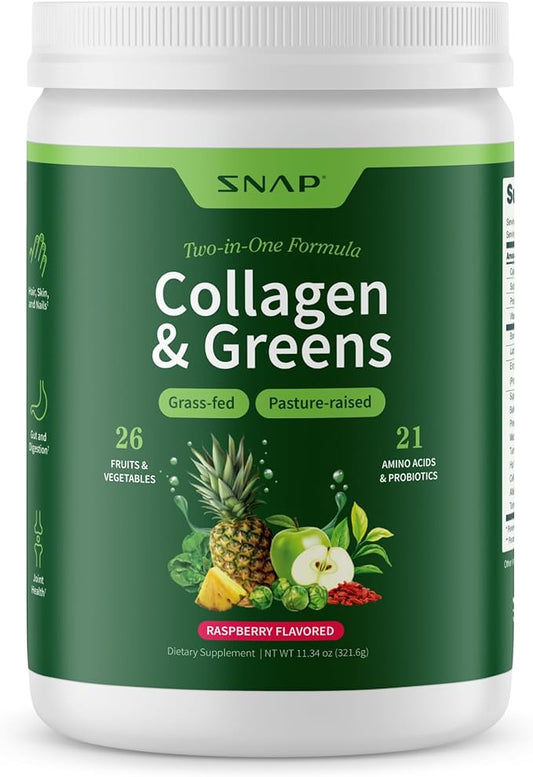 Snap Supplements Super Greens Powder with Collagen Peptides, 26 Fruits and Vegetables, Grass Fed, Non-GMO Daily Greens Superfood for Hair, Skin, Nails & Joint Support, 30 Servings