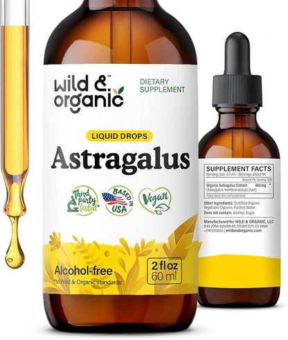 Wild & Organic Astragalus Tincture - Immune Support Drops w/Astragalus Root Extract - Herbal Supplement for Calmness & Relaxation - Vegan, Sugar & Alcohol Free - 2 fl oz
