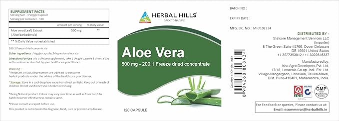 HERBAL HILLS Aloe Vera Capsules (Aloe barbadensis) | 120 Capsules (500 mg) | Pure Aloe Freeze Dried Powder Supplement, High Concentration, Supports Overall Well-Being
