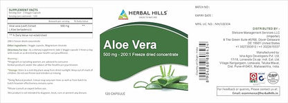HERBAL HILLS Aloe Vera Capsules (Aloe barbadensis) | 120 Capsules (500 mg) | Pure Aloe Freeze Dried Powder Supplement, High Concentration, Supports Overall Well-Being
