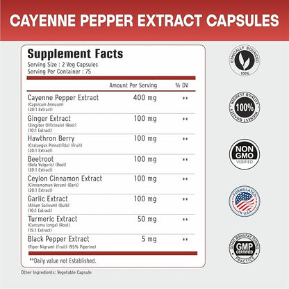 Cayenne Pepper Capsules w/Garlic, Ginger, Hawthorn, Turmeric, Cinnamon, Beet Root and Black Pepper Extract, 150 Cayenne Capsules, Non-GMO & Gluten Free Capsaicin Supplement