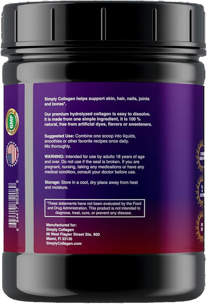 Simply Collagen® Hydrolyzed Collagen Peptides - Enhances & Strengthens Hair, Skin, Nails, Bones & Joints - Grass Fed, Type I & III - 41 Servings Per Container