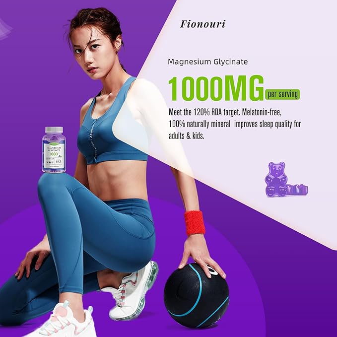 Magnesium Glycinate Gummies 1000mg - for Adults Magnesium Potassium Supplement with Vitamin D, B6, CoQ10 for Calm Mood & Sleep Support - 120 Blueberry Gummies -2 Pack