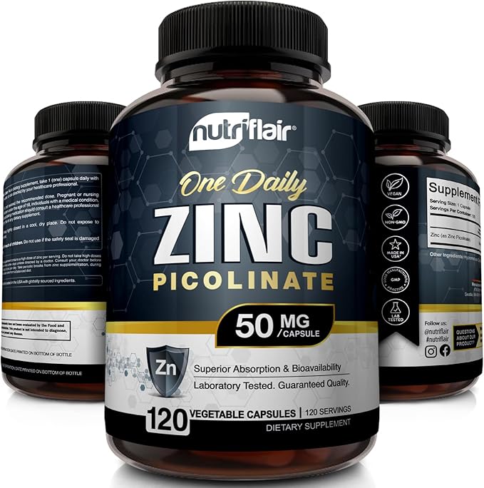 NutriFlair Zinc Picolinate 50mg, 120 Capsules - Maximum Absorption Zinc Supplement Pills - Immune System Booster, Immunity Defense, Powerful Non-GMO Antioxidant - Compare to gluconate, Citrate, Oxide