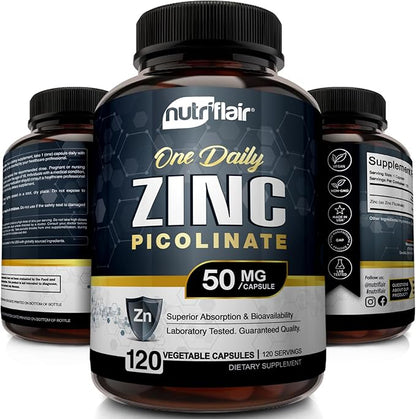 NutriFlair Zinc Picolinate 50mg, 120 Capsules - Maximum Absorption Zinc Supplement Pills - Immune System Booster, Immunity Defense, Powerful Non-GMO Antioxidant - Compare to gluconate, Citrate, Oxide