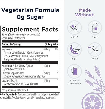 Designs for Health TriMag Supreme Powder Night - 300mg Magnesium Drink Supplement with Tart Cherry for Calm and Sleep - Lavender Lemon Flavor (30 Servings / 180g)