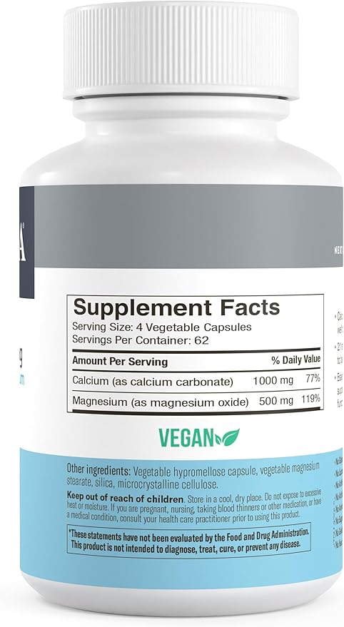 Freeda Super Cal/Mag – Kosher Vegan Bone Health Supplement – Supports Bone Strength, Nerve Function & Muscle Relaxation – Vegetarian Calcium Magnesium Capsules – Third-Party Tested – 250 Capsules
