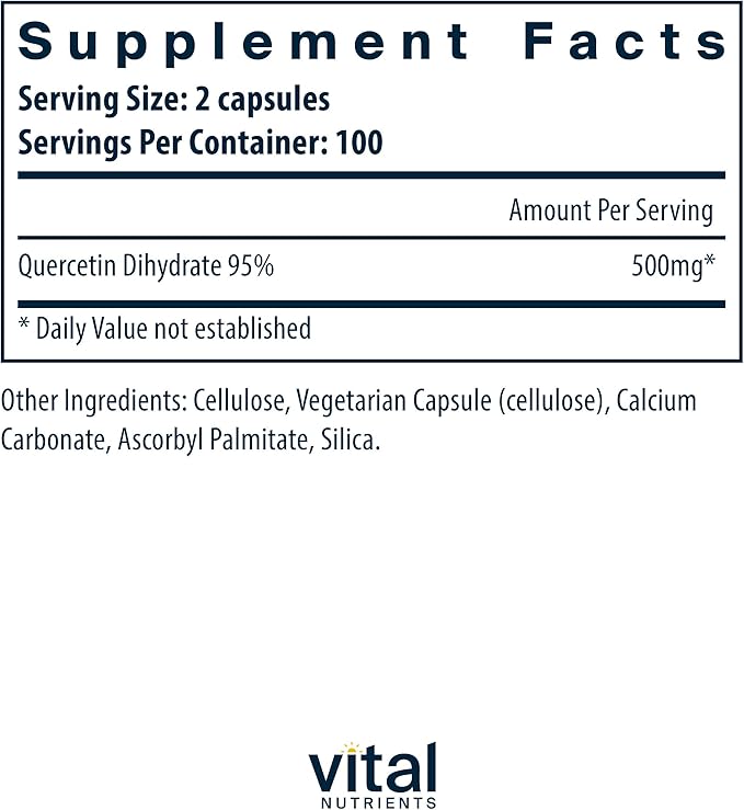 Vital Nutrients Quercetin | Vegan Quercetin Supplement with Bioflavonoids for Sinus, Respiratory, Heart, & Immune Function Support | Gluten, Dairy, Soy Free | 500mg | 200 Capsules