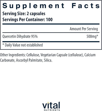 Vital Nutrients Quercetin | Vegan Quercetin Supplement with Bioflavonoids for Sinus, Respiratory, Heart, & Immune Function Support | Gluten, Dairy, Soy Free | 500mg | 200 Capsules