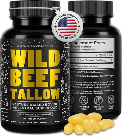 Wild Foods Grass-Fed Beef Tallow Capsules | 3,000mg Per Serving | Pure Ancestral Nutrition for Skin, Hormones, and Energy | Keto, Paleo & Carnivore Diet Approved | 90-Day Supply