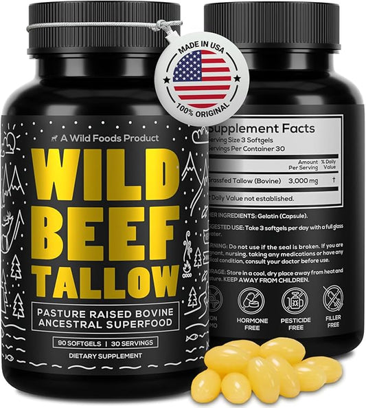 Wild Foods Grass-Fed Beef Tallow Capsules | 3,000mg Per Serving | Pure Ancestral Nutrition for Skin, Hormones, and Energy | Keto, Paleo & Carnivore Diet Approved | 90-Day Supply