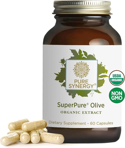 PURE SYNERGY SuperPure Olive Extract | Organic Olive Leaf, Oil, and Fruit Supplement with Polyphenols | for Heart, Brain, and Immune Health (60 Capsules)