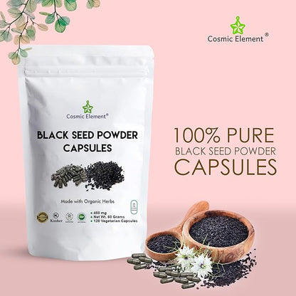100% Pure Black Seed Powder Capsules Organic - Vegan Nigella Sativa 450mg Black Cumin Seeds per Serving for Health - 120 Capsules