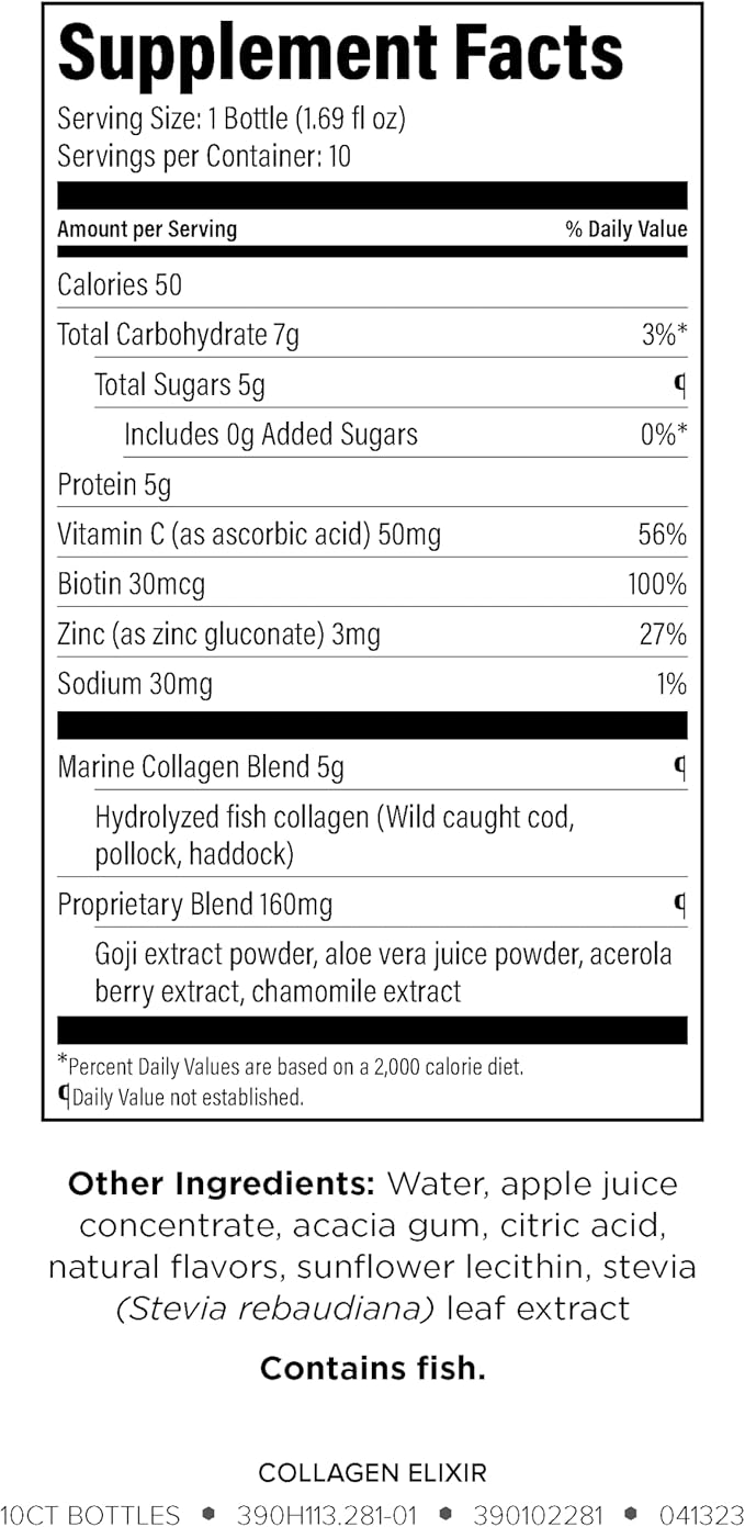 Collagen Elixir - Collagen Drink with Marine Collagen Peptides to Support a Youthful Appearance with Vitamin C, Zinc & Biotin - 1.69 fl oz - 10ct