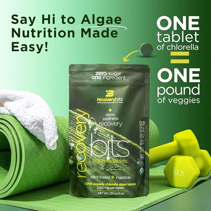 RECOVERYbits - Organic Chlorella Tablets - Plant-Based Algae Superfood - Chlorophyll - Cracked Cell Wall - Energy - Immune System - Detox - Keto - Vegan - Non-GMO - Large Bag - 1000 Tablets
