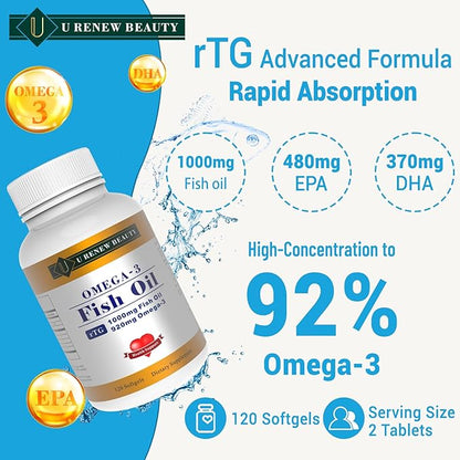 92% Omega-3 Fish Oil mini Softgels for Women and Men 1000mg per Serving with 920mg EPA & DHA Supplements,Supports Heart & Brain Health, 120 Count