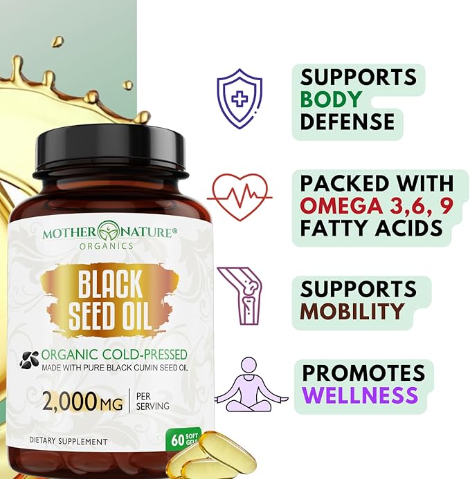 Organic Turkish Black Seed Oil Capsules, Premium Cold Pressed, High TQ, 1 Month Supply, Non-GMO Black Cumin Nigella Sativa Oil for Immune Support, Joint, Digestive Health, 1000mg per Capsule, 60ct