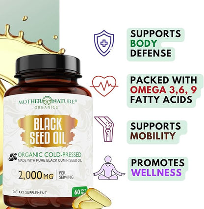 Organic Turkish Black Seed Oil Capsules, Premium Cold Pressed, High TQ, 1 Month Supply, Non-GMO Black Cumin Nigella Sativa Oil for Immune Support, Joint, Digestive Health, 1000mg per Capsule, 60ct