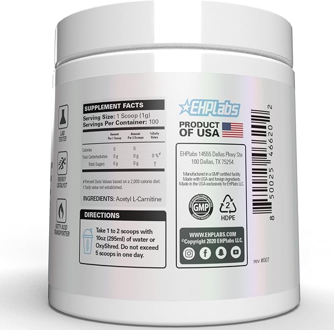 EHP Labs Acetyl L Carnitine Powder - Supports Natural Energy Production, Assists in Healthy Brain Function, Supports Heart Health, Vegan, Gluten Free, Non GMO - 100 Servings