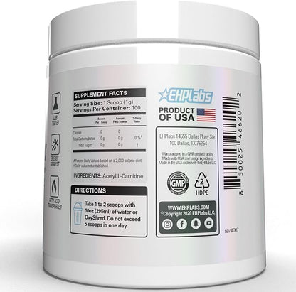 EHP Labs Acetyl L Carnitine Powder - Supports Natural Energy Production, Assists in Healthy Brain Function, Supports Heart Health, Vegan, Gluten Free, Non GMO - 100 Servings